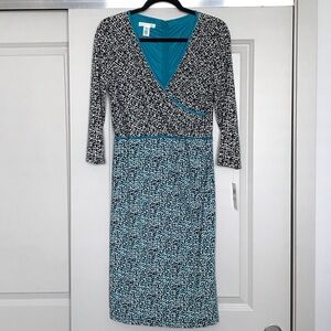 London Times Black and Teal 3/4 Sleeve Dress NWT